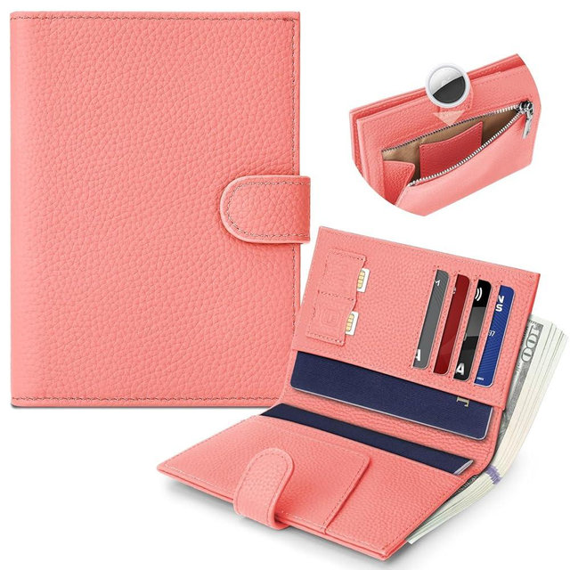 Genuine Leather Passport Holder for Women Men, Hidden Airtag Pocket, RFID Blocking, Zippered Coins Pocket & Cash Compartment Travel Gifts Essentials Passport Cover Case - Hot pink