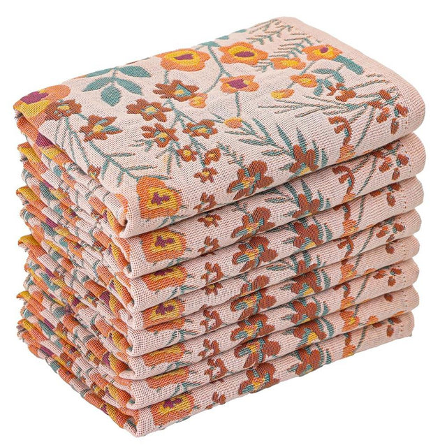 STASOPTK Kitchen Towels 100% Cotton Pack of 8, Highly Absorbent Quick Drying Super Soft Dish Towels for Kitchen with Hanging Loop Hand,Tea Towels 8 Pack,Floral Pattern- 16x15 Inch