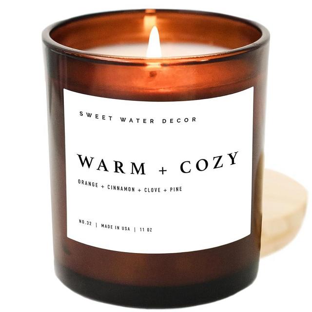 Sweet Water Decor Warm and Cozy Soy Candle | Pine, Orange, Cinnamon, and Fir Winter Scented Candle for Home | 11oz Amber Jar Candle with Wood Lid, 50+ Hour Burn Time, Made in the USA