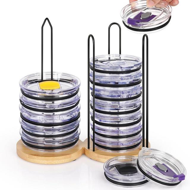 Tumbler Lid Organizer, 2 IN 1 Stacking Tumbler Lid Holder Vertical Storage for Up to 20 Lids, Space-Saving Design Cup Lid Organizer Storage Rack for Kitchen Cabinet and Countertop Organization
