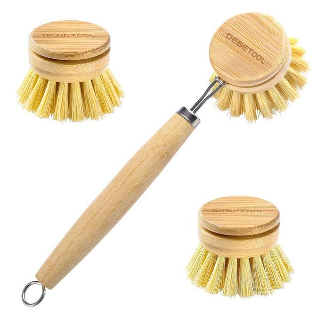 DEBETOOL Bamboo Pot Dish Brush,3 Pack Natural Wooden Scrub Brush with Sisal Fiber,Suitable for Dishes,Pans,Pot and Other Utensils-Sustainable,Kitchen Cleaning Brush with 2 Replacement Brush Heads