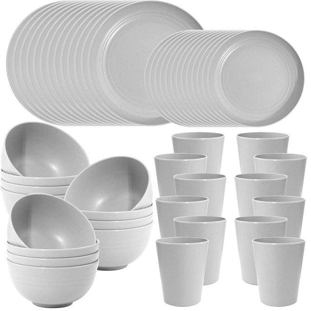 LIYH 48 Pcs Wheat Straw Dinnerware Set,Plates and Bowls Set,Camping Dish Set for 12, Plastic Dinnerware Set,Dishwasher Safe Dinnerware Set, Unbreakable Plates,Camping Dish Sets (Light Grey)