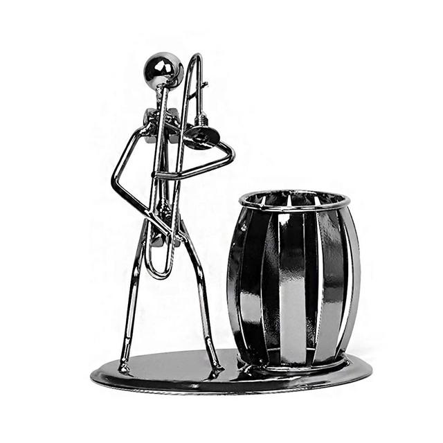 VNK Metal Wrought Iron Music Player Musician Pen Pencil Holder Desktop Storage Organizer Brush Pot,Trombone Pen Holder,Trombone,Metal