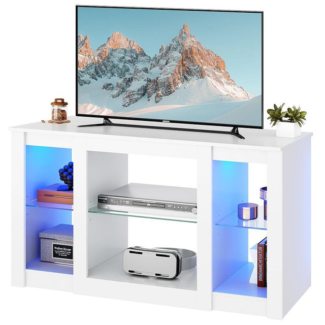 WLIVE TV Stand for 43 Inch TV, Modern Entertainment Center with LED Lights & Adjustable Glass Shelves, Sturdy Media Console for Living Room, Bedroom,Gaming (White)