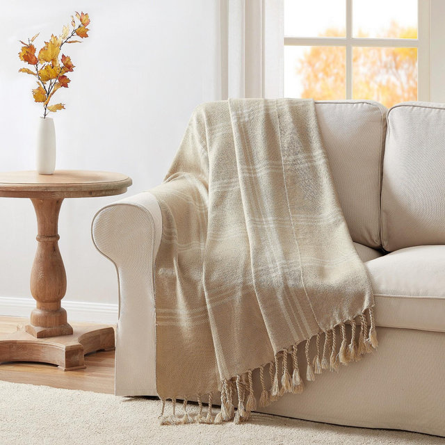 Kate Aurora Woodland Plaid Fringed Accent Throw Blanket - 50 in. x 60 in. - Tan/White