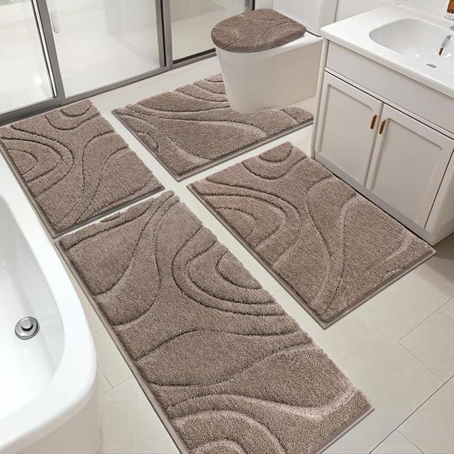 HEBE Bathroom Rugs Sets 5 Piece, Soft Absorbent Microfiber Bath Mat for Bathroom, Non Slip Washable Bath Rug Set with Toilet Cover, Bath Runner and U-Shaped Contour Toilet Rug, Coffee