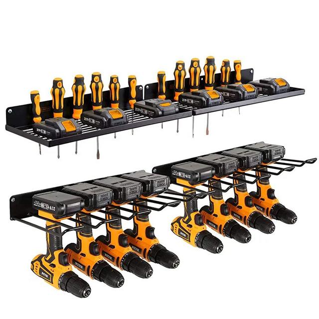 Power Tool Organizer With Charging Station,Drill Holder Wall Mount,Garage Storage Shelves for Organization and Storage,Heavy Duty Pegboard Wall Organizer Set Solid Metal Black（2 pack 4 set).