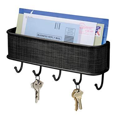 InterDesign Twillo Mail and Key Holder, Decorative Wall Mounted Key Rack Organizer Pocket and Letter Sorter for Entryway, Kitchen, Mudroom, Home Office Organization, 10.5" x 2.5" x 4.5", Matte Black