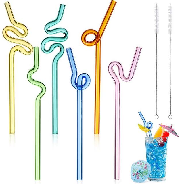 6 Pcs Wavy Glass Straw Reusable Curved Silly Glass Straws Shatter Resistant with 2 Cleaning Brushes Multicolor Clear High Borosilicate Glass Straws for Kids Adults Smoothies Juice (Colorful, 8 Inch)