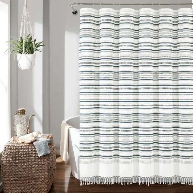 72"x72" Urban Woven Yarn Dyed Eco-Friendly Recycled Cotton Shower Curtain Navy - Lush Décor: Bathroom Accessory, Plain Weave