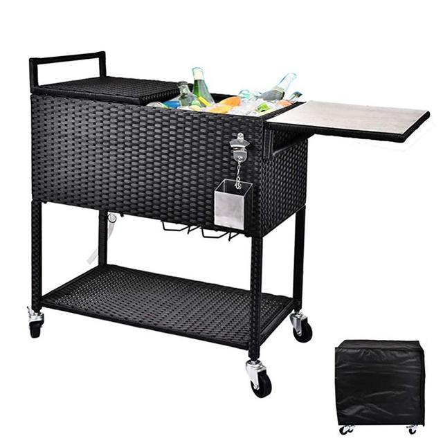 RELAXIXI 80 Quart Rattan Rolling Cooler Cart, Portable Wicker Cooler Trolley, Beverage for Patio Pool Party, Ice Chest with Cutting Board, Bottle Opener, Cap Catch and Cover (Dual Top - Black)