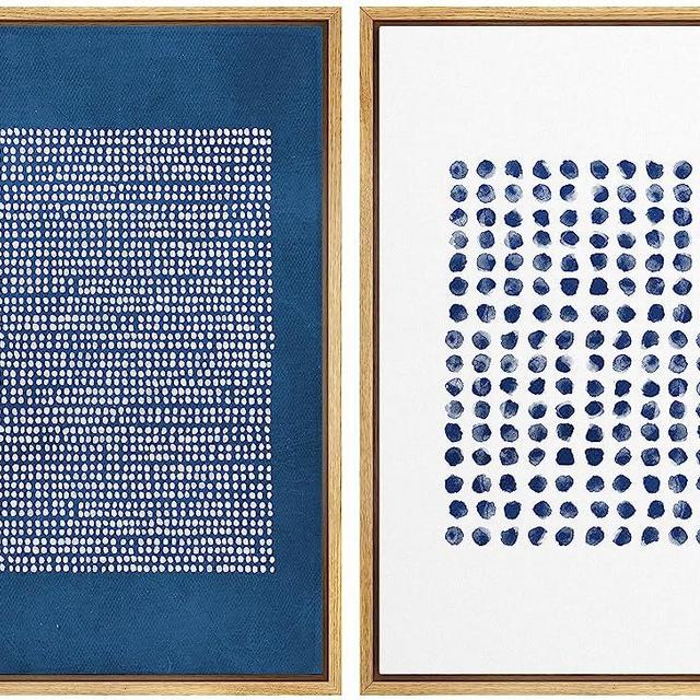 SIGNWIN Framed Canvas Print Wall Art Set Navy Blue White Geometric Dot Collage Abstract Shape Illustration Modern Art Decorative Nordic Multicolor for Living Room, Bedroom, Office - 24"x36"x2 Natural