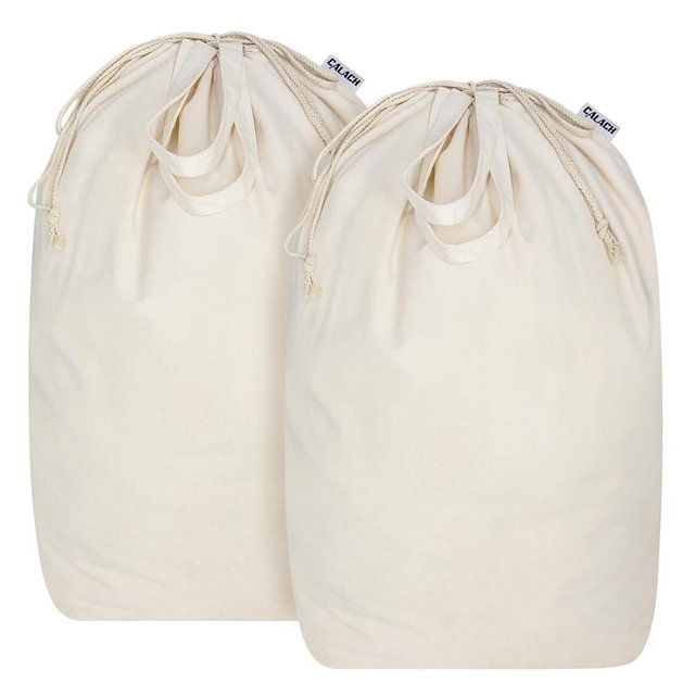CALACH Canvas Laundry Bags with Handles & Square Base13.8"Lx13.8"Wx27.6"H, Large Heavy Duty Laundry Hamper Bag, College Dorm Washable Drawstring Canvas Dirty Clothes Sack (Beige,2 Pack)