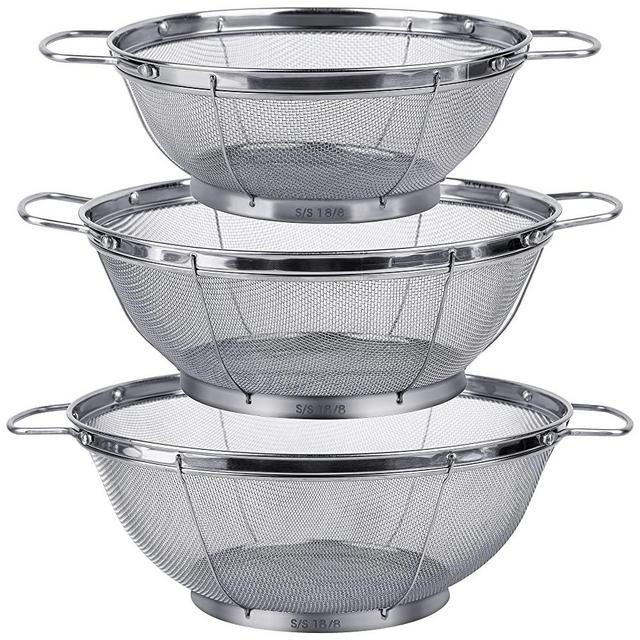 3 Pack 18/8 Stainless Steel Colander Sieves, Mesh Strainer Net Baskets with Handles & Resting Base, Multi Sized for Strain, Drain, Rinse or Steam