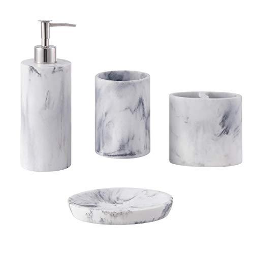 ZCCZ Bathroom Accessories Set Complete, 4 Piece Marble Pattern Bathroom Sets Accessories Toothbrush Holder Set Bath Accessories Set with Soap Dispenser, Toothbrush Holder, Tumbler, Soap Dish