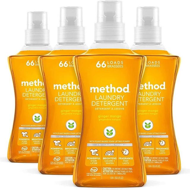 Method Liquid Laundry Detergent, Hypoallergenic + Biodegradable Formula, Plant-Based Stain Remover, Ginger Mango Scent,53.5 Fl Oz (Pack of 4)