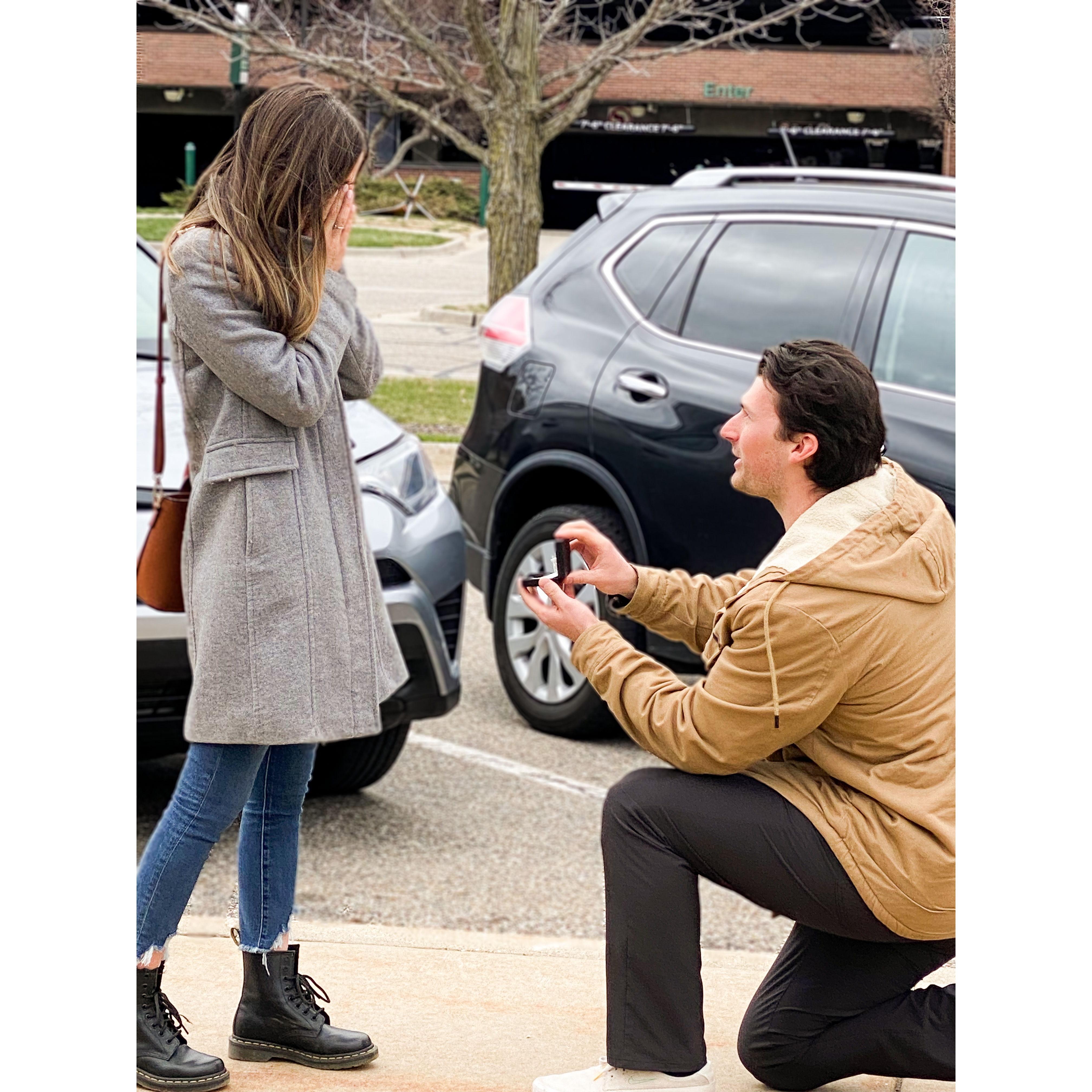 After 5 years together, Jake sentimentally proposed in the same spot we met, in front of the Vet Med building at MSU - April 2022