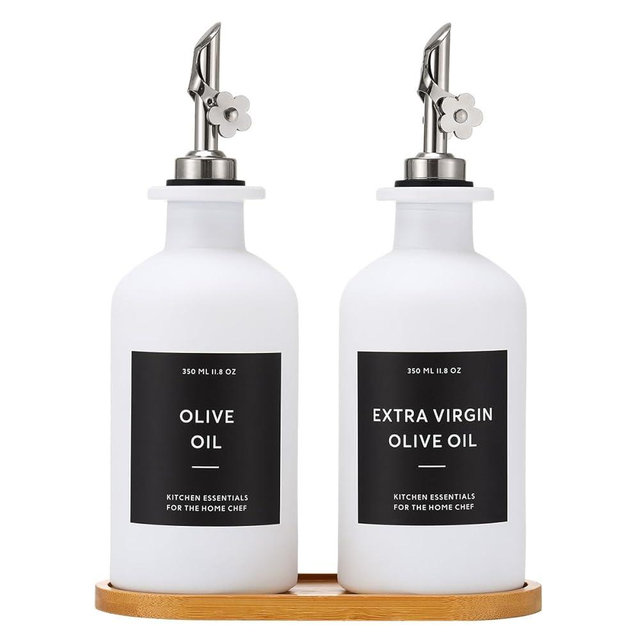 HOMCDALY Olive Oil Dispenser for Kitchen, 11.8oz Glass kitchen Dispenser Bottle, White Oil&Vinegar Cruet Set, Leakproof Oil Bottle for Cooking| Set of 2 (11.8oz – White)