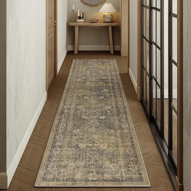 PureCozy 2x8 Brown Black Area Rug Runners for Hallways Washable Vintage Distressed Carpet Low Pile Non Slip Indoor Retro Soft Long Accent Rug Bedroom Kitchen Bathroom Laundry Dining Living Room