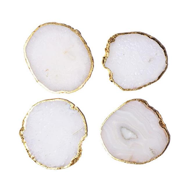 Ankur Pearl White Natural Sliced 3-4.5" Agate Coasters Set of 4 Brazilian Natural Gemstone Coasters with Gold Rim, Unique Gift for Christmas, Wedding Anniversary, Birthday, Valentine, Thanks Giving