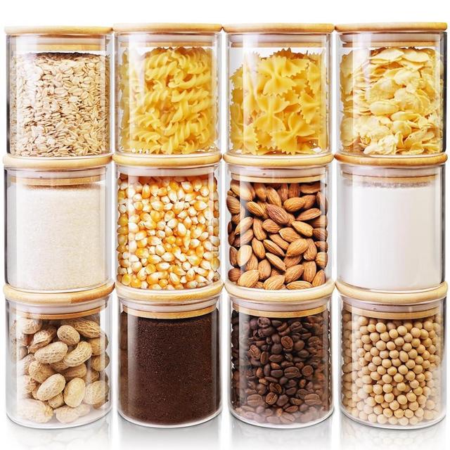 HomArtist Glass Jars with Bamboo Lids 17 FL OZ [Set of 12], Glass Canisters with Airtight Lids, Glass Food Storage Containers for Spice, Coffee, Sugar, Tea, Candies, Cookies,Best for Kitchen & Pantry