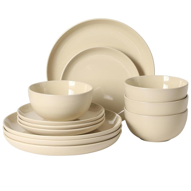 Gibson Home Rockaway 12 Piece Plates and Bowls Matte Glaze Service for 4 Dinnerware Set - Warm Cream - Dishwasher and Microwave Safe