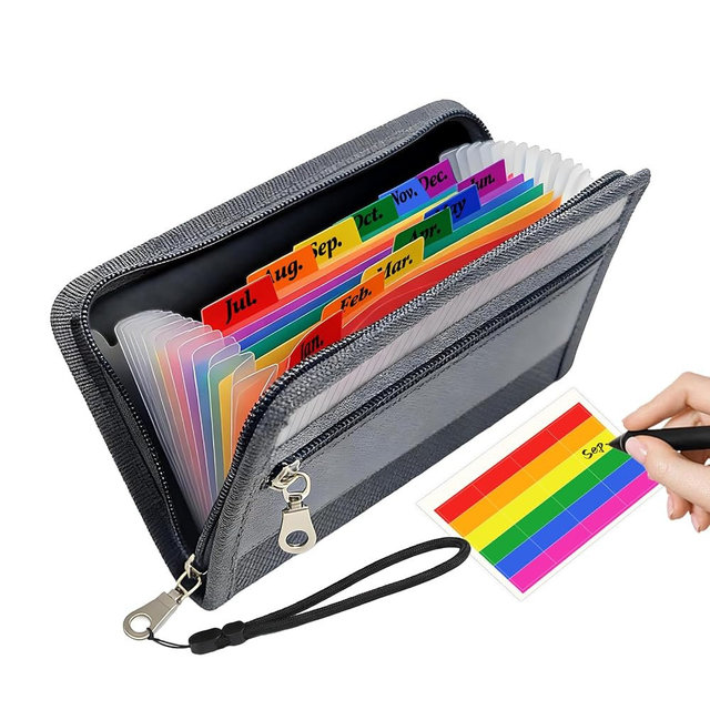 Simpldell Portable Receipt Organizer & Coupon Holder, 12 Pockets Accordion Expanding File with Adjustable Wrist Strap, Zipper Closure Budget Organizer for Bills & Expense Tracking