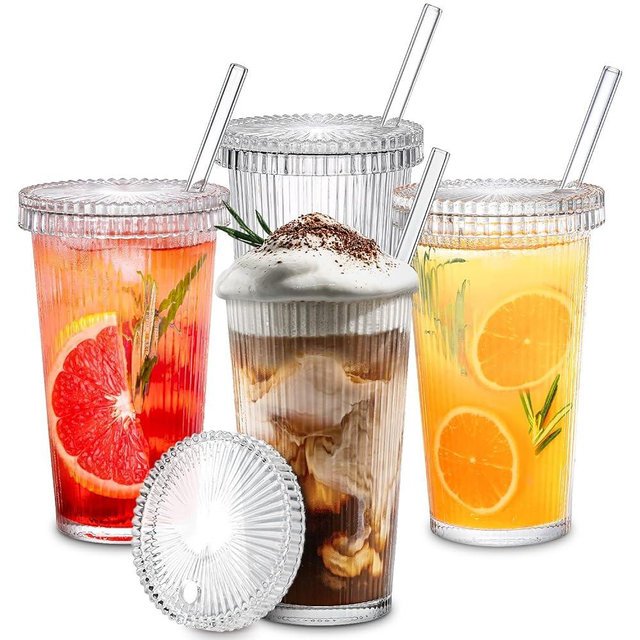 Combler Glass Cups with Lids and Straws, 12 oz Iced Coffee Cup for Coffee Bar Accessories, Ribbed Glasses Drinking Set of 4, Glass Tumbler with Straw and Lid for Home Decor, Christmas Gifts for Women