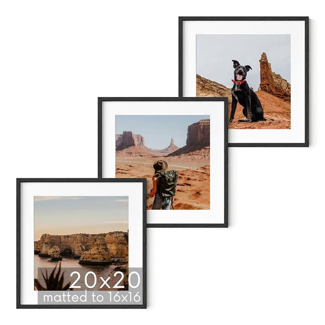 HAUS AND HUES Solid Oak Wood 20”x20” Picture Frames Matted to 16”x16” Set of 3-20x20 Picture Frames Square, 20 x 20 Square Frames for Gallery Wall, 20 by 20 Black Picture Frames
