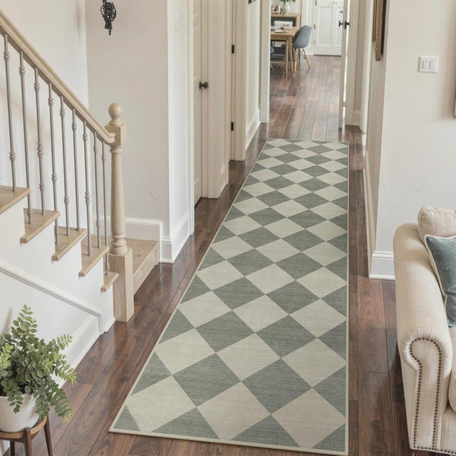 Beeiva Checkered Print Rug Runners for Hallways 2.5x10, Green Kitchen Runner Rugs Non Skid Washable Ultra Thin Faux Wool Long Carpet for Hallway, Checkerboard Neutral Floor Carpet for Kitchen Decor