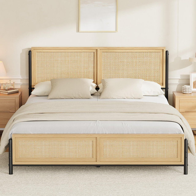 Coolmee Boho King Size Bed Frame with Natural Rattan Headboard and Footboard, Wooden Platform Bed No Box Spring Needed, Noise-Free