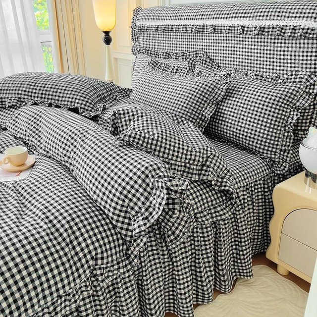 LifeTB Queen Comforter Set Black Gingham Comforter Vintage Ruffle Checkered Pattern Comforter Set Boho Grid Plaid Bedding Comforter Fluffy Soft Chic Gingham Bedding Set Queen Size for All Season