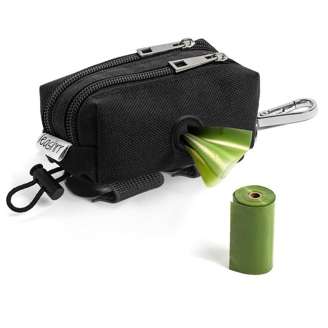 Dog Poop Bag Dispenser and Treat Holder for All Leashes. 2 Waterproof Pouches for Pet Waste Bags and Dog Walking Accessories + 1 Free Roll. Leashrr 2.0 (Black)