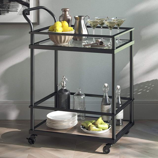 Nathan James 45001 Carter Bar and Serving Cart 2-Tiered Glass and Metal, Black