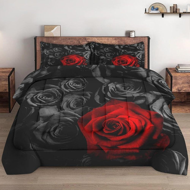 WeCozy Comforter Set King Size with 2 Pillowcases, Red Rose Flower 3 Pcs Bedding for Kids and Adults, Summer Vintage Floral Soft Comforter Set for Bedroom Bed Decor