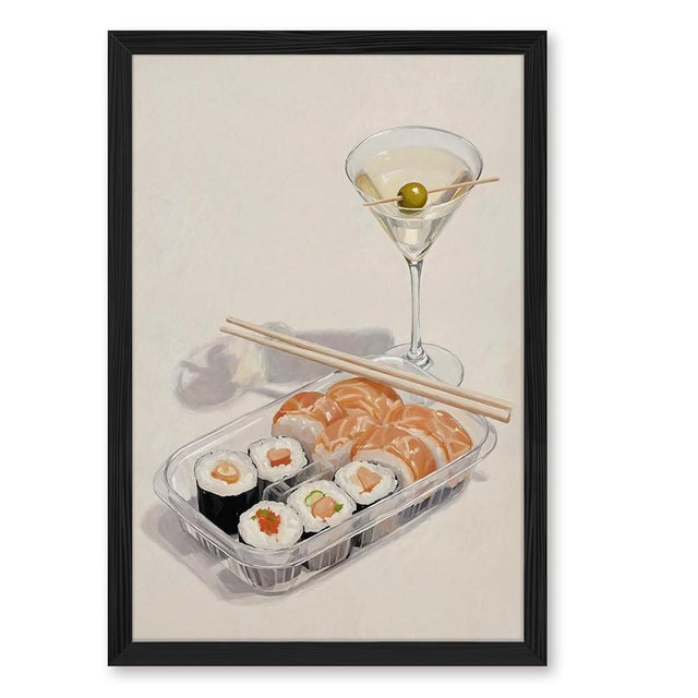 Framed Canvas Wall Art Funny Japanese Kitchen Food Art Vintage Sushi and Martini Cocktail Posters Modern Artwork Bedroom Decor Room Aesthetic Wall Decor Black pvc frame12x18inch