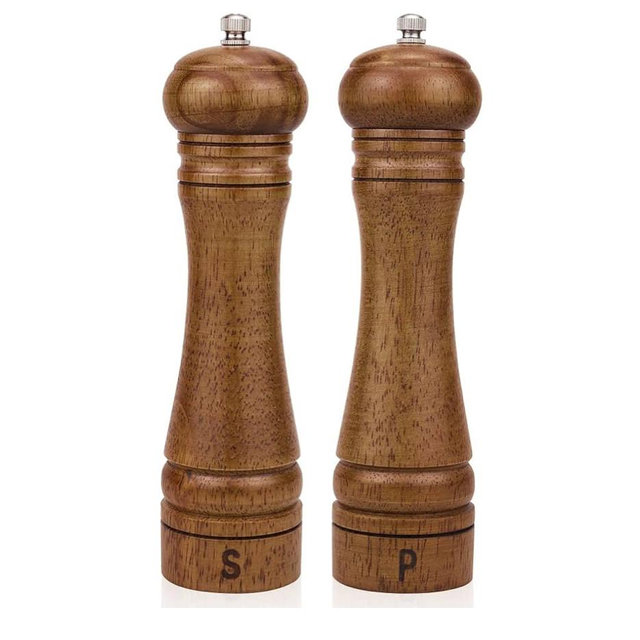 XWXO Wood Salt and Pepper Grinder Set, Salt Mill Pepper Grinder Set, Pepper Mill, Salt Shakers with Adjustable Ceramic Rotor- Oak Wood Pepper Grinder for Your Kitchen 8 inches - Pack of 2