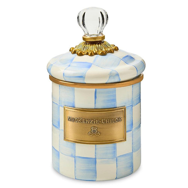 MACKENZIE-CHILDS Enamel Canister, Kitchen Storage Container with Lid, Demi, 24-Ounce Capacity, Light-Blue-and-White Sky Check