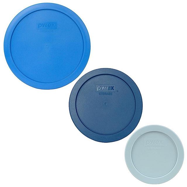 Pyrex (1) 7402-PC Marine Blue, (1) 7201-PC Blue Spruce, & (1) 7200-PC Muddy Aqua Round Plastic Food Storage Replacement Lids, Made in USA