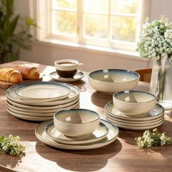 GBHOME Ceramic Dinnerware Sets for 8, 24 Pieces Stoneware Plates and Bowls Sets, Reactive Glaze Dishes -Scratch Resistant, Dishwasher&Microwave Safe, Pale Khaki