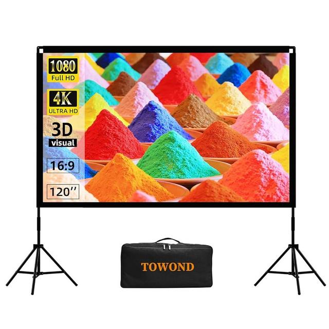 Projector Screen and Stand, Towond 120 inch Portable Movie Screen Indoor Outdoor 16:9 4K HD Front Rear Projection Screen with Carry Bag Wrinkle-Free and Foldable Design for Backyard Movie Night