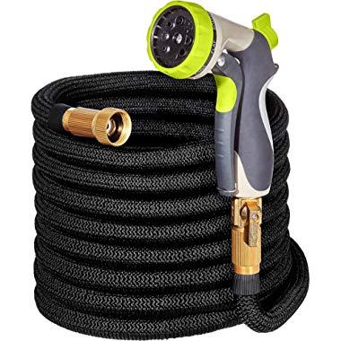 Hospaip 50ft Garden Hose - All New Expandable Water Hose with Double Latex Core, 3/4 Solid Brass Fittings, Extra Strength Fabric - Flexible Expanding Hose with Metal 8 Function Spray Nozzle