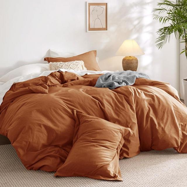 Bedsure 100% Washed Cotton Duvet Cover Queen - Terracotta Minimalist Cotton Duvet Cover Set Linen Like - 3 Pieces Plain Simple Duvet Cover Set with 2 Pillow Shams (Terracotta, Queen, 90"x90")