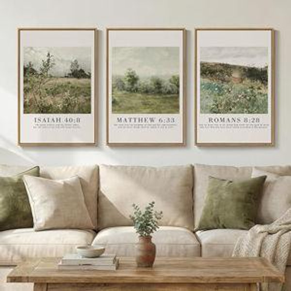 Framed Vintage Christian Wall Art Set of 3, Rustic Wildflower Landscape Bible Verse Canvas Prints, Neutral Beige Scripture Decor for Living Room Bedroom Office Prayer Room, 16x24 Inch