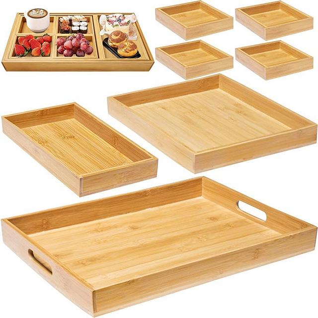 Bamboo Wooden Serving Trays with Handle - Set of 7 - Large, Medium, Small and Mini - Nesting Multipurpose Trays - for Breakfast, Coffee Table/Butler & More - Light & Sturdy Bamboo Tray