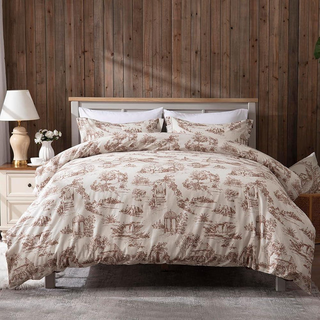 BISELINA Vintage Linen Duvet Cover Set Landscape Printed Pattern 3pcs (1 Comforter Cover, 2 Pillow Shams)- Natural Flax Cotton Blend Reversible Breathable Retro Country Bedding - Coffee, Queen