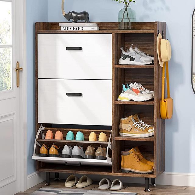 Tribesigns Flip Drawers Shoe Cabinet, Freestanding Tipping Bucket Shoes Cabinet Wooden Shoe Rack with 3 Flip Drawers and 5 Tiers shelves, Shoes Cabinet Organizer for Entryway,Living Room (Brown&White)