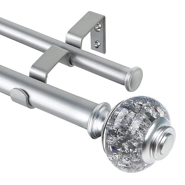 USFOOK 1 Inch Double Curtain Rods 72 to 144 Inches (6-12 ft) Telescoping Window Drapery Rods, Silver Curtain Rod with Translucent Finials