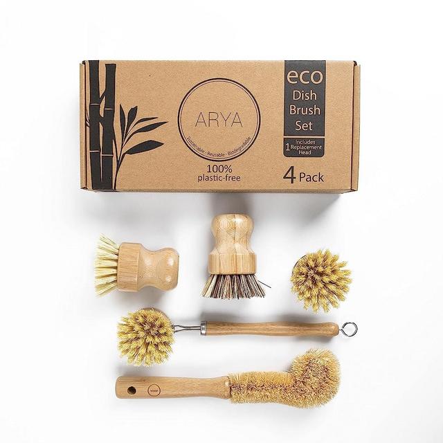 ARYA. Wooden Dish Brush Set | 4 Kitchen Washing Up Brushes & One Replacement Head | Bamboo & Natural Fibers | Eco Friendly Wooden Pot Brush Scourer Scrubber Sponge Alternative