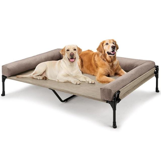 Veehoo Elevated Raised Dog Bed-Cooling Outdoor Dog Cot Bed for Large Sized Dog Three-Sided Fence Raised Pet Cot with Mesh&No-Slip Feet Dog Hammock Bed with Removable Bolster-XXL 54"x37.4"Beige Coffee